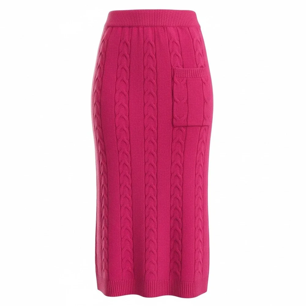Pink Cable Knit Midi Sweater Skirt M Elastic Waist Ribbed‎ Pencil